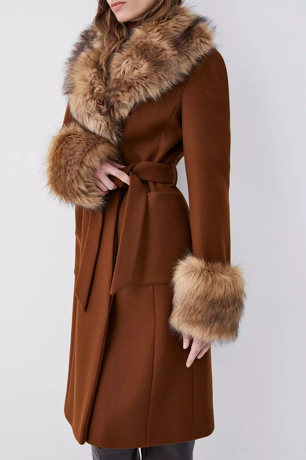 Italian Virgin Wool Faux Fur Belted Coat Karen Millen